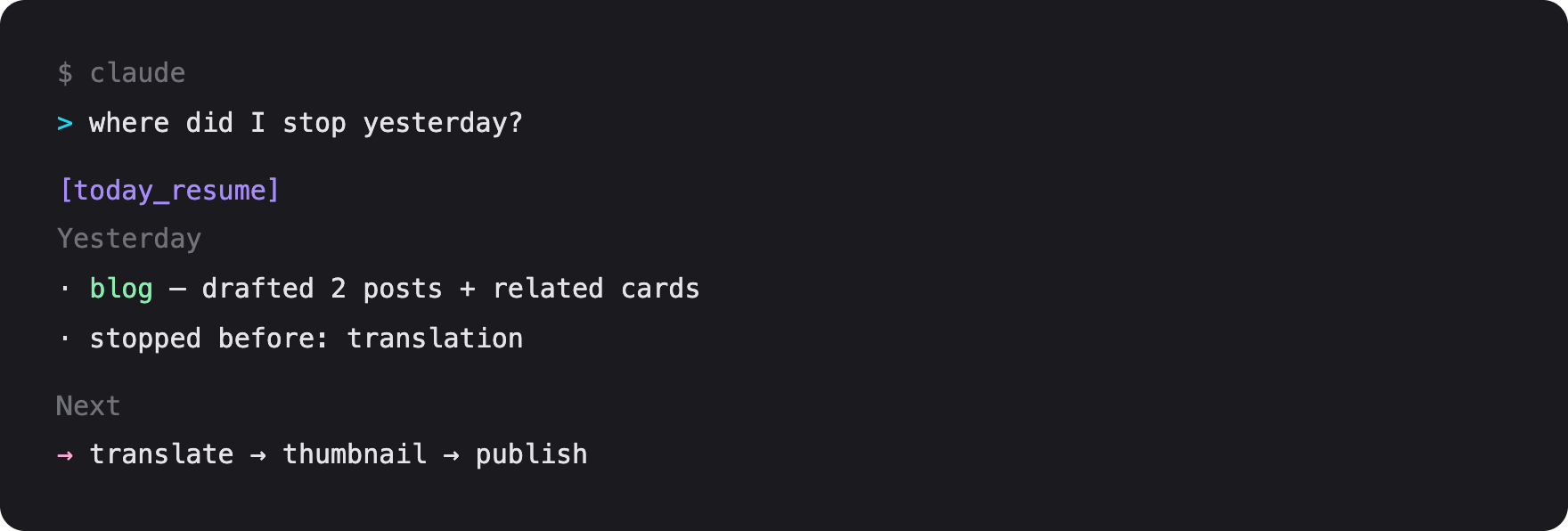 A Claude Code terminal recovering yesterday's work context in one line via today_resume
